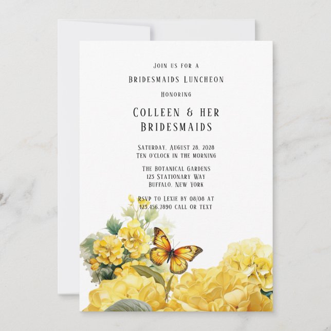 Yellow Hydrangea Butterfly Bridesmaids Luncheon Invitation (Front)
