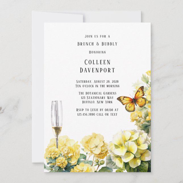 Yellow Hydrangea Butterfly Brunch & Bubbly Invitation (Front)