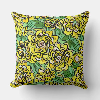Yellow Illustration Style Floral Pattern Cushion