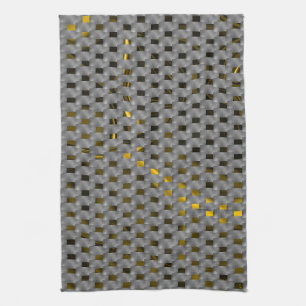 Yellow image under grey plates, oblong squares tea towel