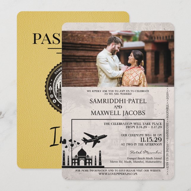 Yellow India Passport Wedding Invitation (Front/Back)