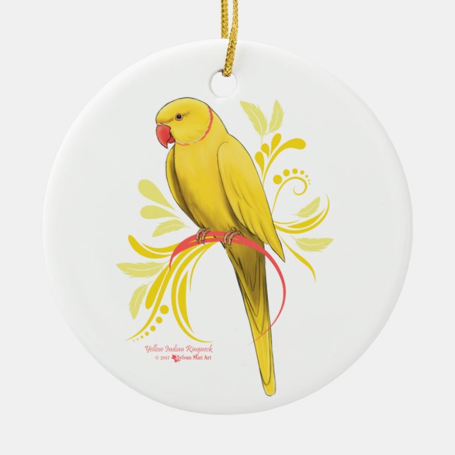 Yellow Indian Ringneck Parrot Ceramic Tree Decoration (Front)