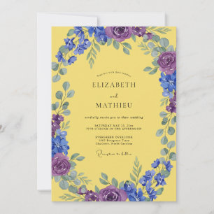 Yellow Indigo Amethyst Leafy Wedding Invitation