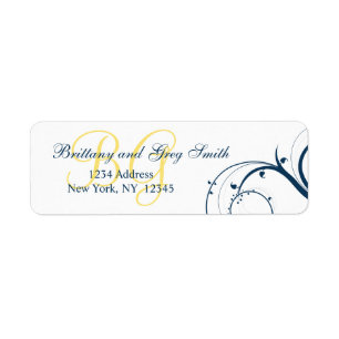 Yellow Initial, Blue Swirls Wedding Address Labels