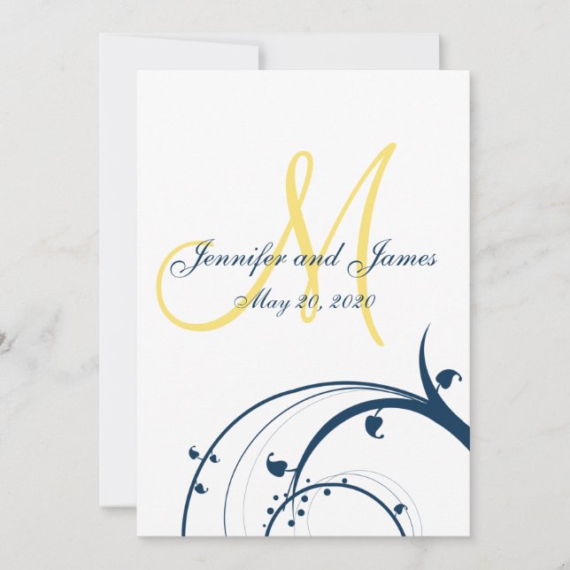 Yellow Initial, Blue Swirls Wedding Invitation (Front)