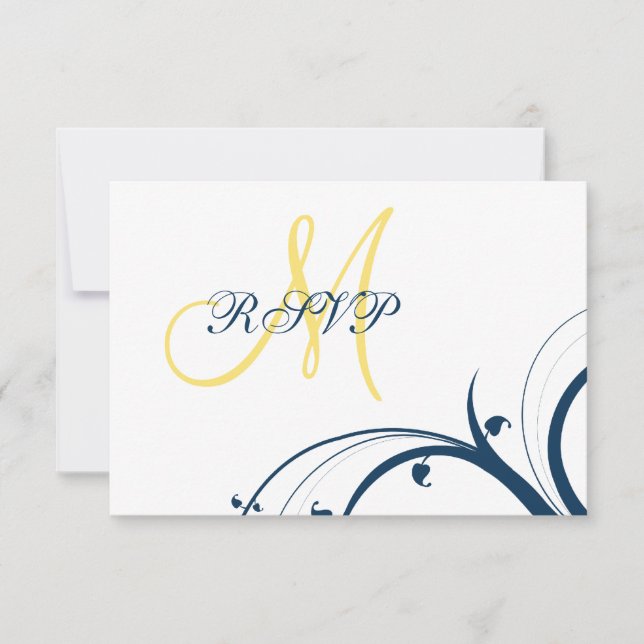 Yellow Initial, Blue Swirls Wedding RSVP Card (Front)