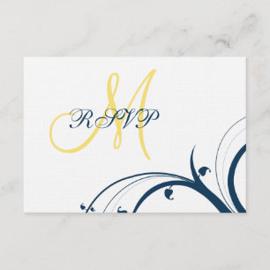 Yellow Initial, Blue Swirls Wedding RSVP Card