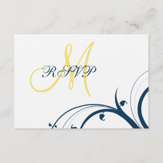 Yellow Initial, Blue Swirls Wedding RSVP Card