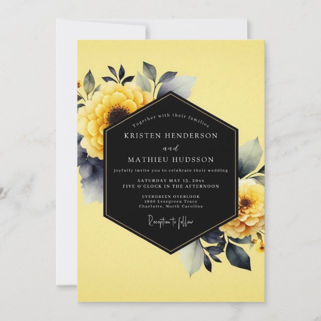 Yellow Ink Wash Flora Wedding Invitation (Front)