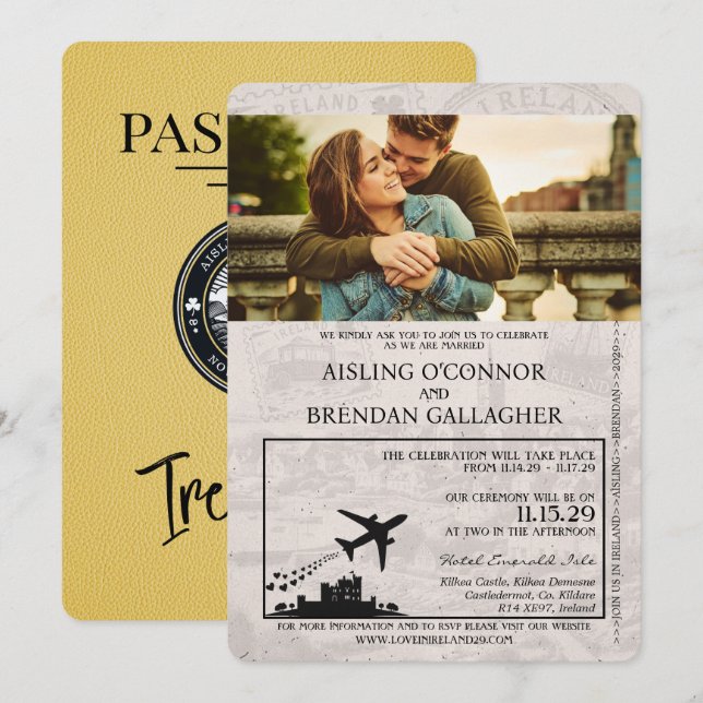 Yellow Ireland Passport Wedding Invitation (Front/Back)