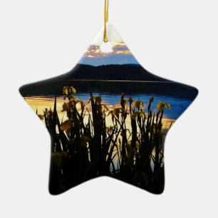 Yellow Iris at Lake Arrowhead shore Ceramic Tree Decoration