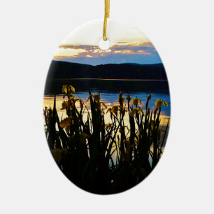 Yellow Iris at Lake Arrowhead shore Ceramic Tree Decoration