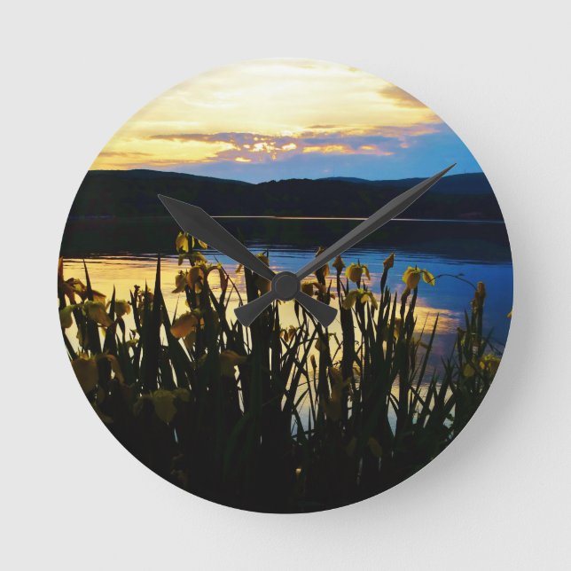 Yellow Iris at Lake Arrowhead shore Round Clock (Front)