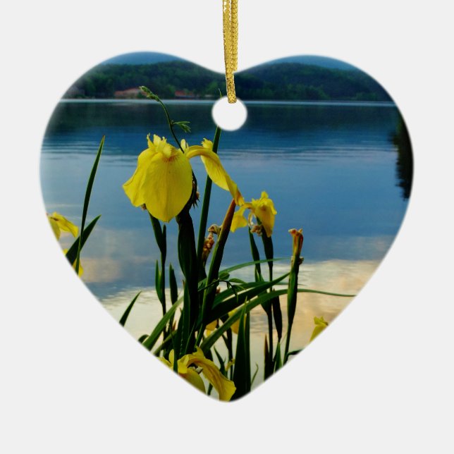 Yellow Iris at Lake Shore Ceramic Tree Decoration (Front)