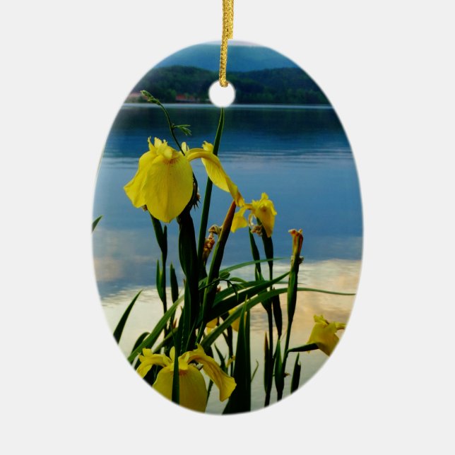 Yellow Iris at Lake Shore Ceramic Tree Decoration (Front)