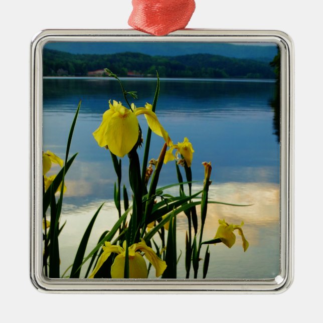 Yellow Iris at Lake Shore Metal Tree Decoration (Front)