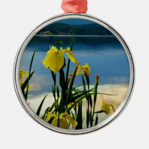 Yellow Iris at Lake Shore Metal Tree Decoration
