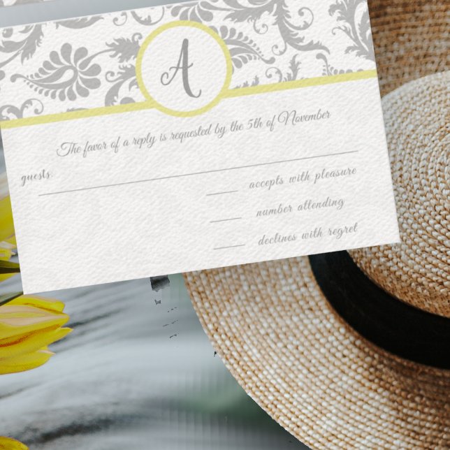 Yellow iris & Grey Damask RSVP Insert Card (Creator Uploaded)