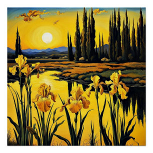 Yellow Irises by a pond Poster