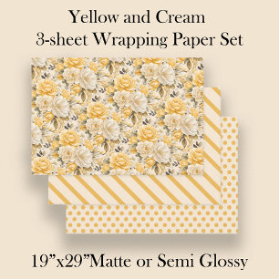 Yellow Ivory Cream Watercolor Floral Stripes Dots Wrapping Paper Sheet