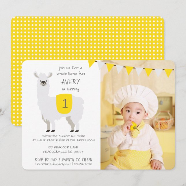 Yellow & Ivory Cute Llama Kids Birthday Party Invitation (Front/Back)