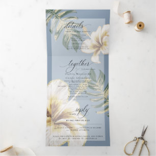 Yellow Ivory  Watercolor Hibiscus Foliage Wedding  Tri-Fold Invitation