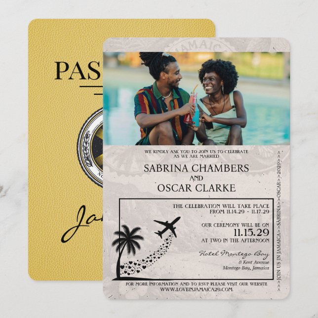 Yellow Jamaica Passport Wedding Invitation (Front/Back)