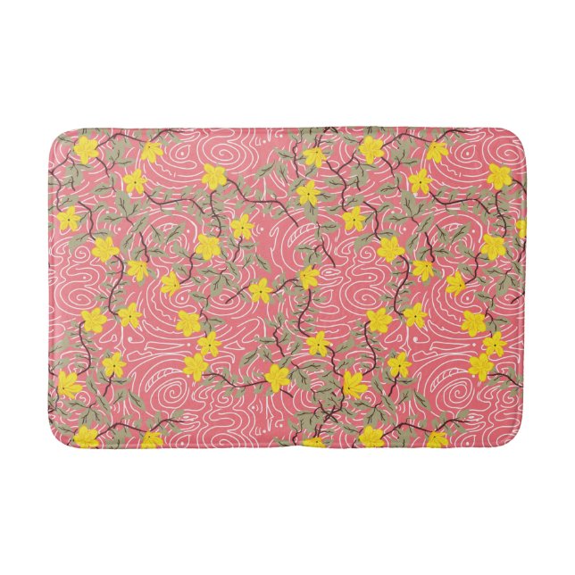 Yellow Jasmine Flower Floral on Coral Pink Bath Mat (Front)