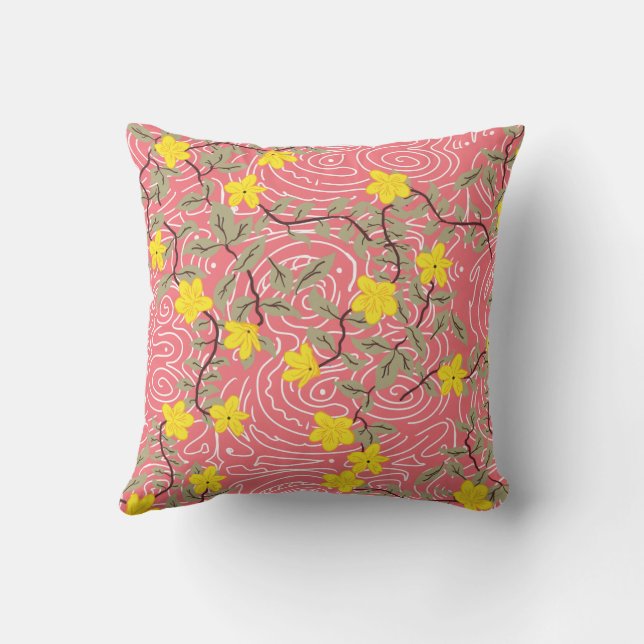 Yellow Jasmine Flower on Coral Pink Cushion (Back)
