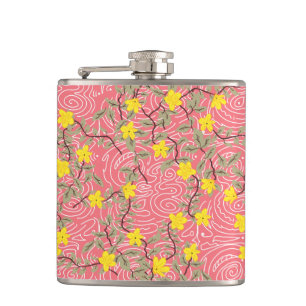 Yellow Jasmine Flower on Coral Pink Hip Flask