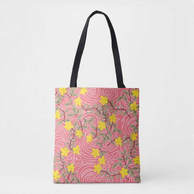 Yellow Jasmine Flower on Coral Pink Tote Bag (Front)