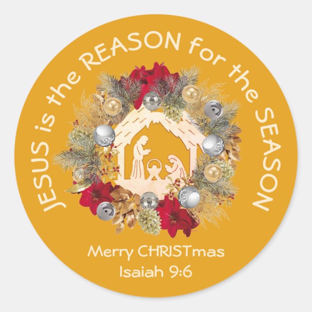 Yellow JESUS IS THE REASON Christmas Classic Round Sticker (Front)