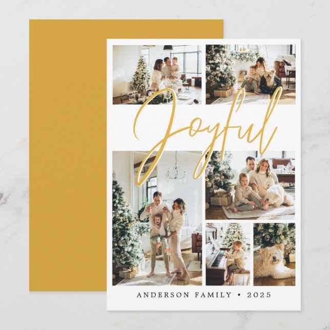 Yellow Joyful Christmas Calligraphy Family Photo Holiday Card (Front/Back)