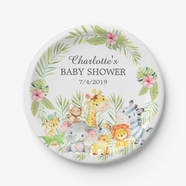Yellow Jungle Animals Baby Shower 7" Plate (Front)