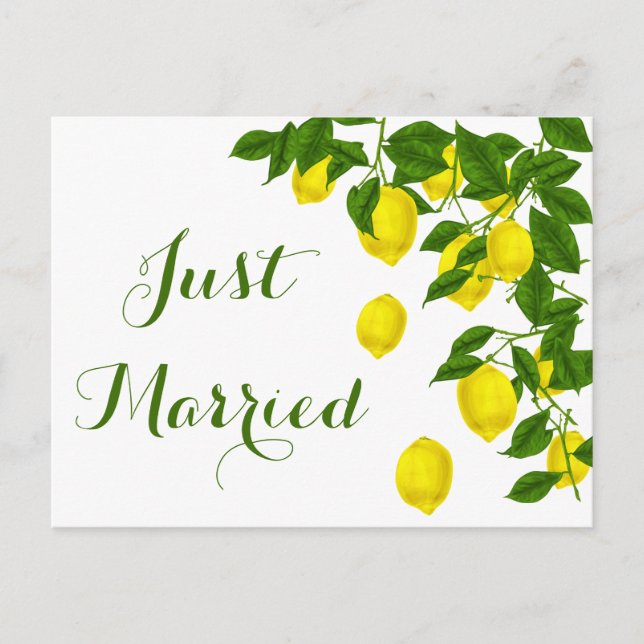 Yellow Just Married Lemon Green Wedding Citrus Announcement Postcard (Front)