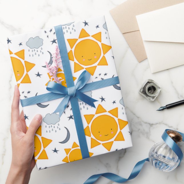 Yellow kawaii suns with stars, moons and clouds wrapping paper (Gifting)
