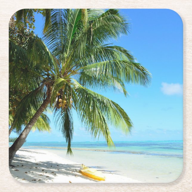 Yellow kayak on a white sand beach coaster (Front)
