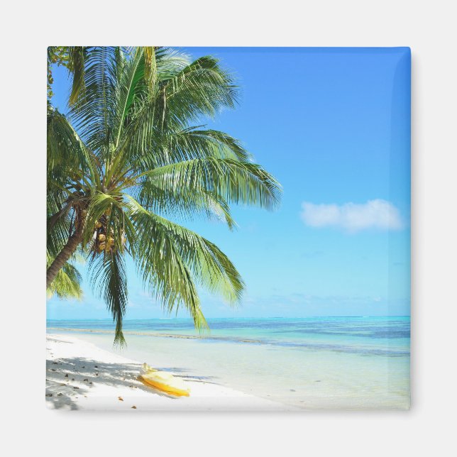 Yellow kayak on a white sand beach magnet (Front)