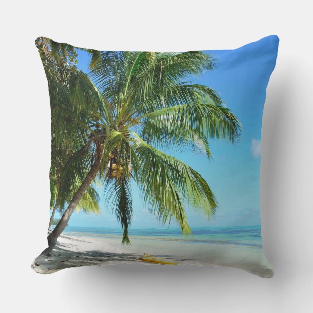 Yellow kayak on a white sand beach throw pillow (Front)