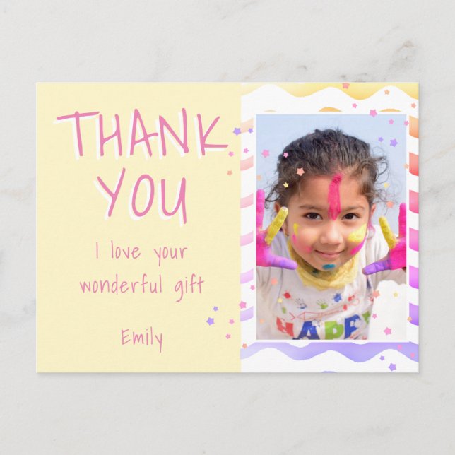 Yellow Kids Photo Girl Birthday Thank you Postcard (Front)