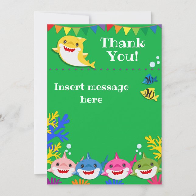 Yellow Kids Shark Green Birthday  Thank You Card (Front)