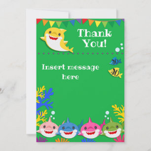 Yellow Kids Shark Green Birthday  Thank You Card