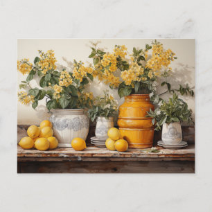 Yellow Kitchen Shelf  Lemons Yellow Jar Flowers Postcard