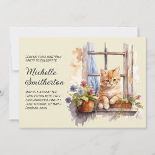 Yellow Kitten Window Flowers Birthday Invitation