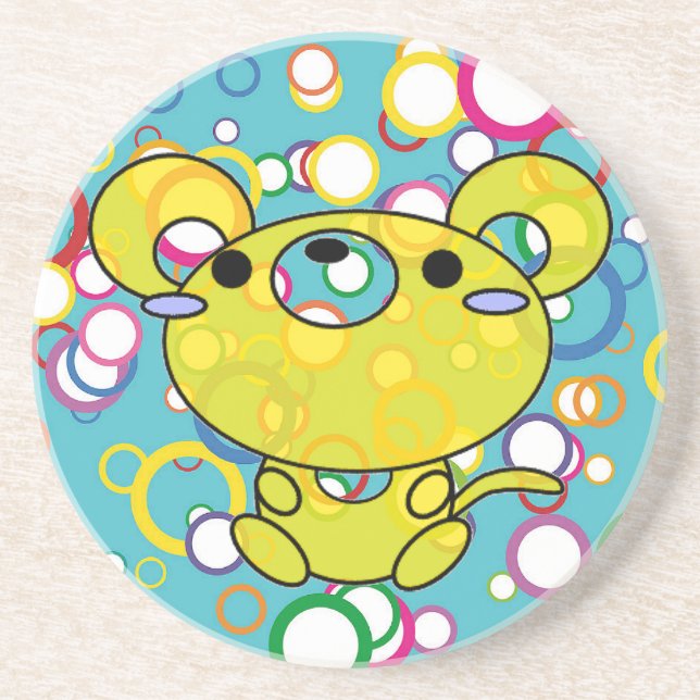Yellow Kitty on Circles Sandstone Coaster (Front)