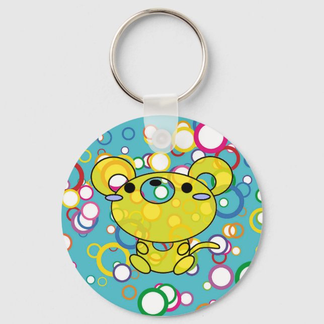 Yellow Kitty on Coloured Circles Key Chain (Front)