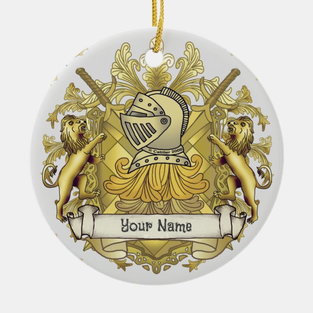 Yellow Knight Family Crest  Surname Ceramic Tree Decoration (Front)