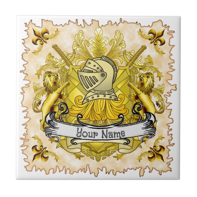 Yellow Knight Family Crest  Surname Tile (Front)
