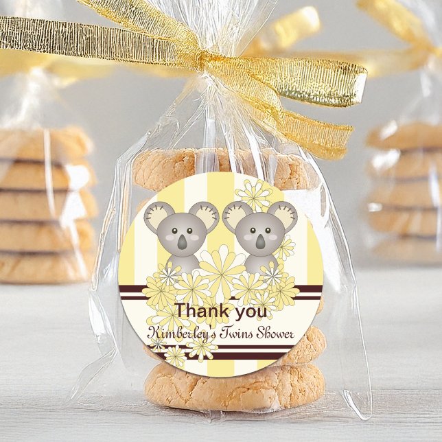 Yellow Koala Twin Baby Shower / Birthday Thank You Classic Round Sticker (Creator Uploaded)