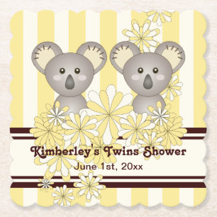 Yellow Koala Twin Baby Shower   Kids Birthday Paper Coaster